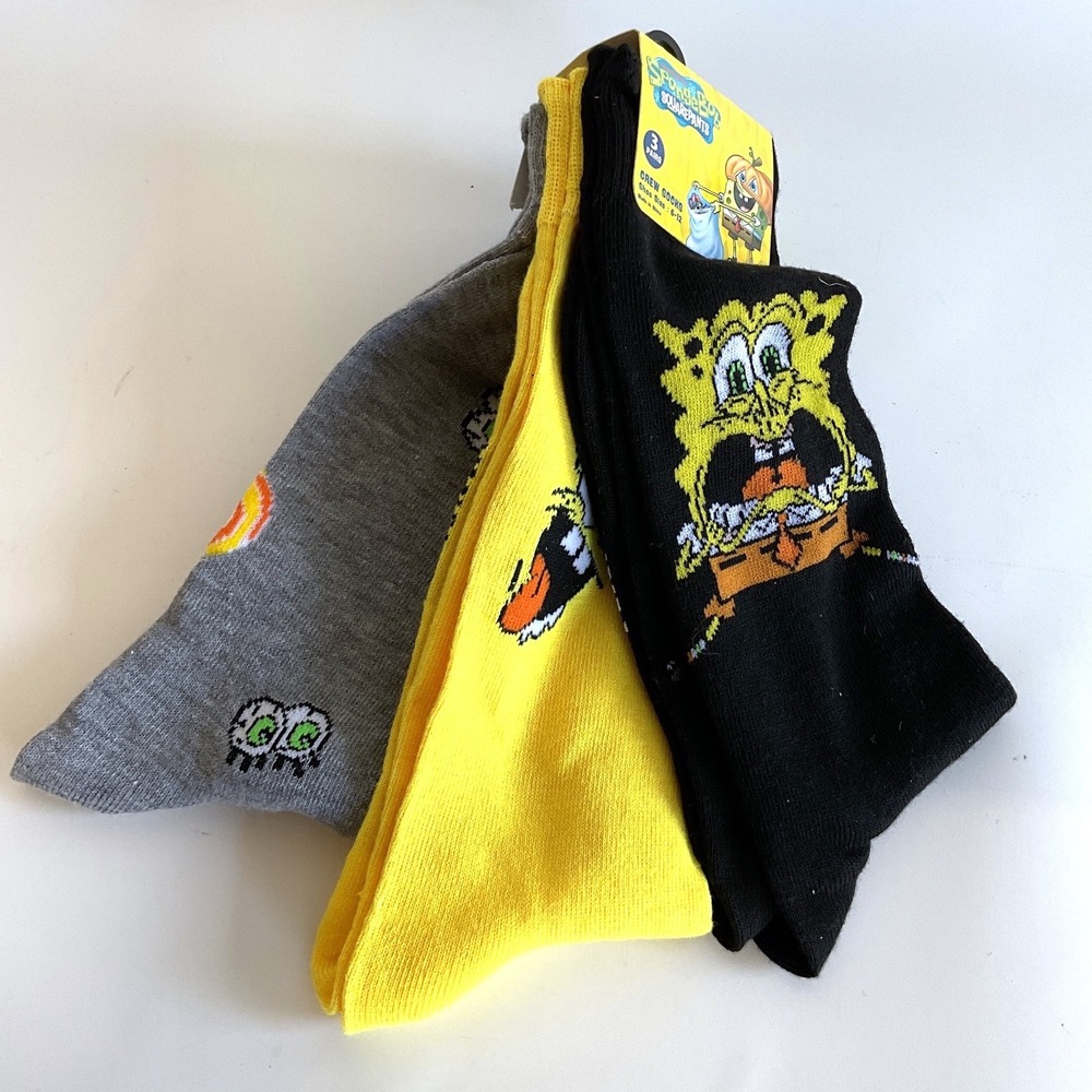 Nickelodeon SpongeBob SquarePants 3 Pack Crew Socks Shoe Size 6-12 Halloween New
